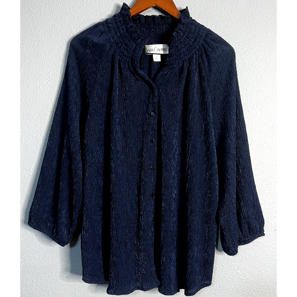 Sara Campbell Womens XL Blue Crinkled Gauze Puff‎ Sleeve Blouse Cottagecore Boho
